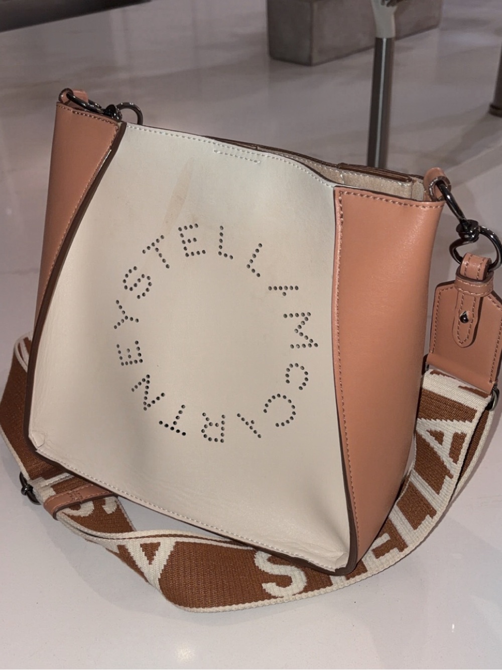 Stella McCartney Cream & Tan Perforated Logo Crossbody